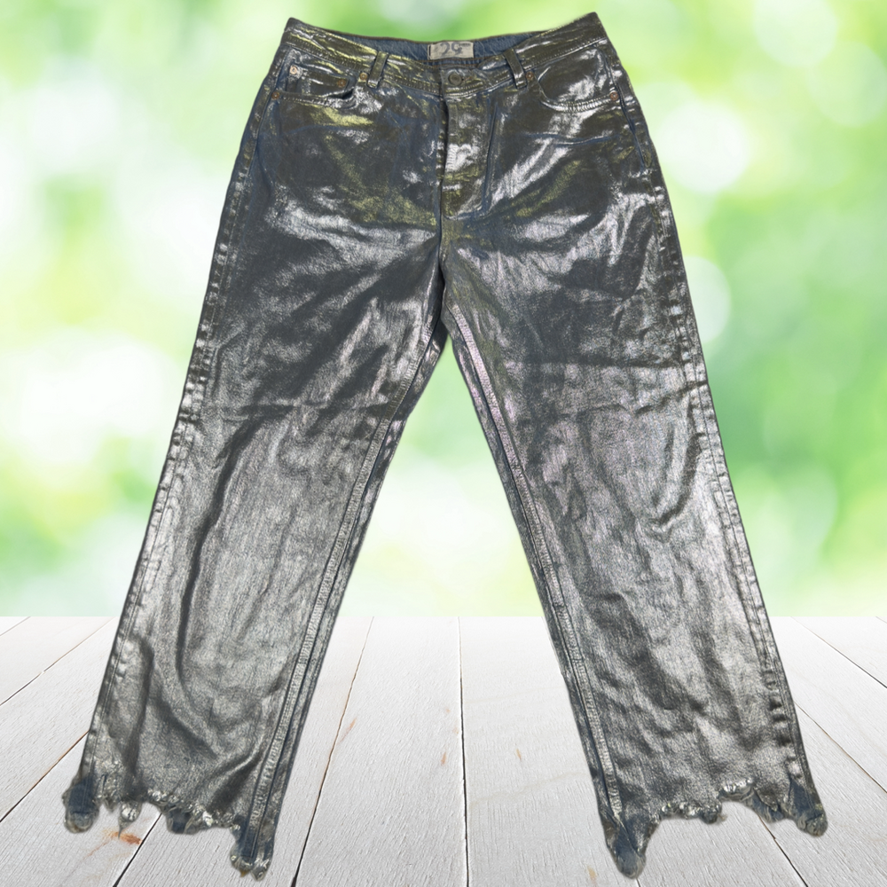 WE THE FREE Metallic Silver Jeans Button Fly Distressed Hem Straight Size 29x26